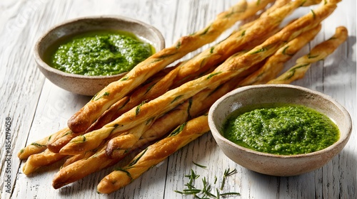 Intricate Arrangement of Golden Grissini Breadsticks and Vibrant Herb Spread on Rustic Wooden Table Showcasing Gourmet Texture and Flavor