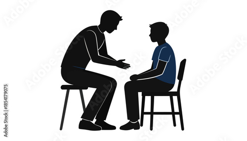 Illustration of a man talking to a child sitting on a chair, isolated on white background.
