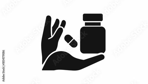 Hand holding pills and medicine bottle, healthcare and medical concept.