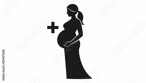 Silhouette of a pregnant woman with a plus sign, vector illustration.
