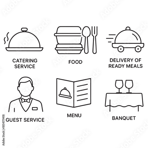 Catering line icon set vector. Catering service, food, delivery of ready meals, guest service, menu for event, banquet vector