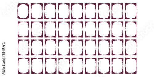 A grid pattern of thirty-two maroon framed shapes on a white background