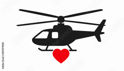 Helicopter carrying a heart, symbol of love and care, vector illustration.