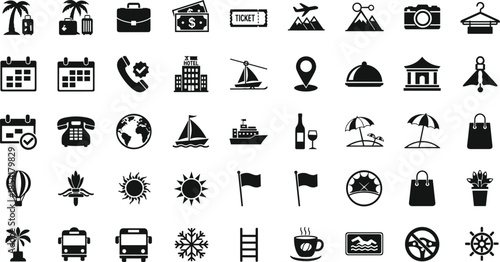 Large collection of black travel and vacation icons including transport beach hotel and sightseeing symbols for summer holiday planning designs.
