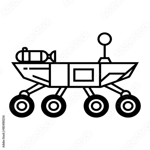 Black and white line art icon depicting a futuristic space rover for planetary exploration