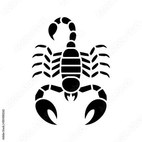 Stylized black silhouette illustration of a scorpion with claws and stinger