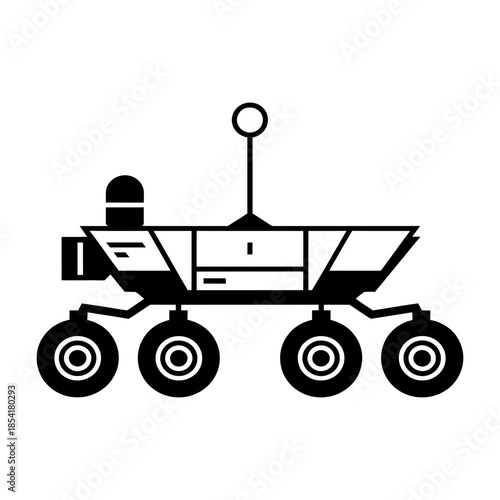 A black and white icon illustration of a robotic space rover with multiple wheels and an antenna