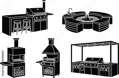 Set of barbeque and grill equipment for outdoor cooking design elements.