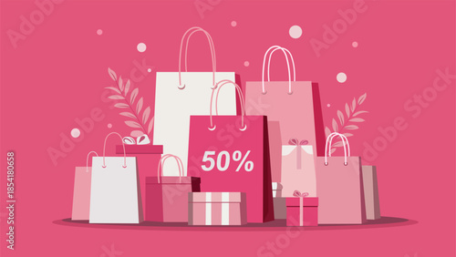 Pink Shopping Bags with 50% Discount – Sale Promotion, Retail Marketing and Gift Boxes Vector Illustration