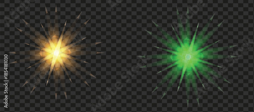 Three colorful lens flares isolated on transparent background