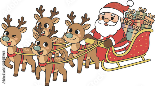 Cartoon Santa Claus with Reindeer in Sleigh