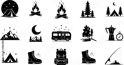 Outdoor Adventure & Camping Icon Silhouette Set