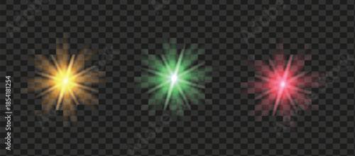 Three colorful light effects starbursts on transparent background