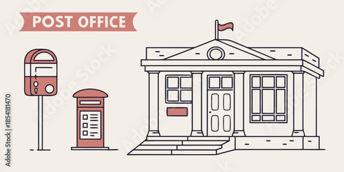 Minimalist Post Office Building and Mailboxes Line Art Vector