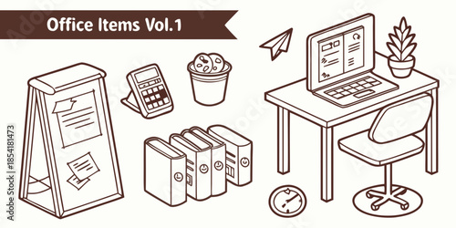 Isometric Outline Office Items Collection