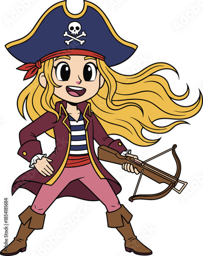 Cartoon pirate character with crossbow, blonde hair, skull hat, maroon coat, adventurous fantasy theme, flat vector illustration