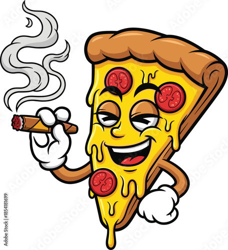 Cartoon pepperoni pizza slice character with cigar, melted cheese, mischievous expression, anthropomorphic food, flat vector illustration