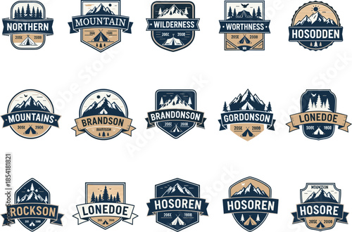 Collection of Vintage Outdoor Adventure Camping and Mountain Badges for Hiking Travel Wilderness Exploration and Nature Branding Identity Design Elements