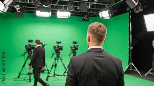 Man in suit standing in front of green screen in television studio