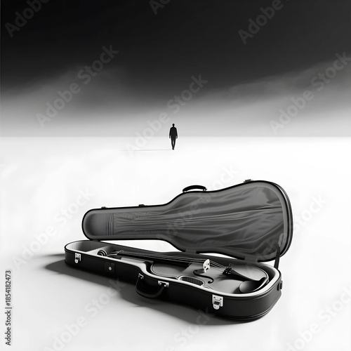A minimalist scene features a violin in an upright open case on a glossy white floor. Smoky wisps drift from the instrument, suggesting lingering emotion. A lone figure in dark clothes walks away into