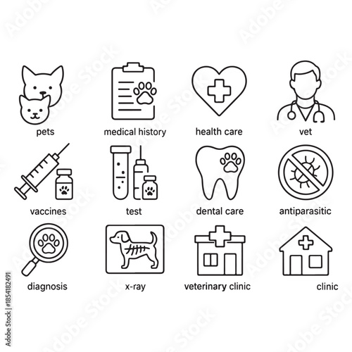 Veterinary Line Art Icon Set – Pet Healthcare and Medical Services