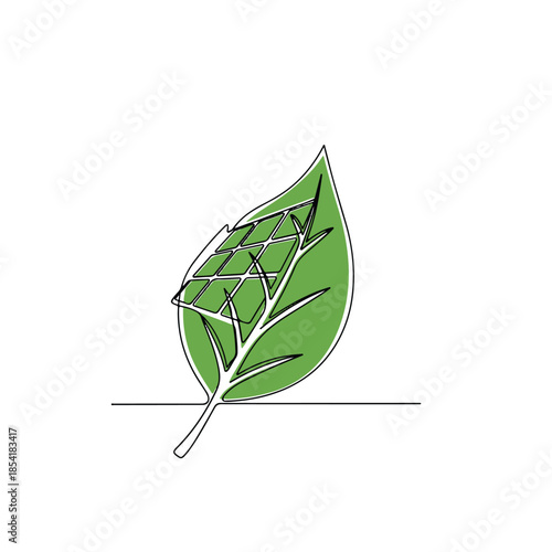 Continuous One-Line Drawing of a Solar Panel Integrated with a Green Leaf—Minimalist Renewable Energy and Sustainability Concept Vector Illustration