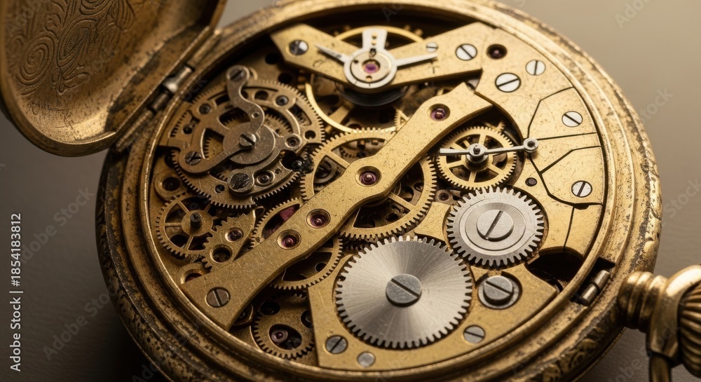 Obraz premium Intricate mechanical pocket watch movement close-up precision engineering golden gears clockwork detail
