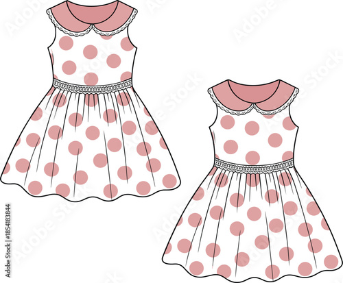 Set of sleeveless children's dresses with pink polka dot patterns and elegant Peter Pan collars vector technical sketch