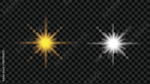 Golden and white light effects starbursts on black background