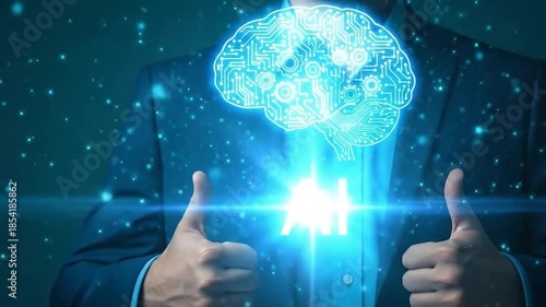 Man in suit showing thumbs up with ai brain symbol