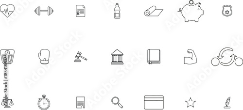Fitness, Law, and Finance Line Icons Set