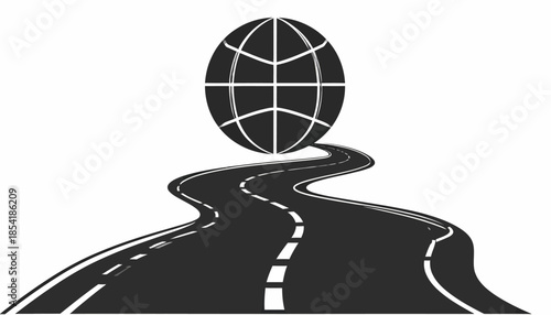 Conceptual illustration of a road leading to a globe, representing global travel and connectivity.