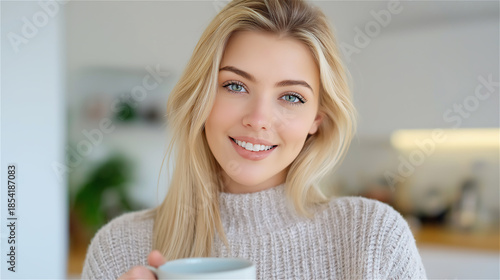 Portrait of a smiling blonde woman holding a mug in a bright kitchen, soft background blur, cozy morning lifestyle, comfort drink, wellness, and positive mood.