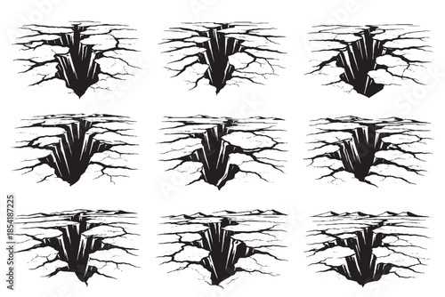 Deep Ground Crack Hole Hand Drawn Ink Illustration Set