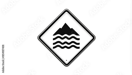 Hazard sign indicating potential for waves and mountain terrain.