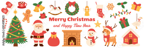 Cute vector Christmas illustration set: Santa, tree, snowman, reindeer, gifts, wreath, fireplace, holiday decor. For scrapbooking, greeting cards, posters, stickers, festive, kids design. Hand drawn.