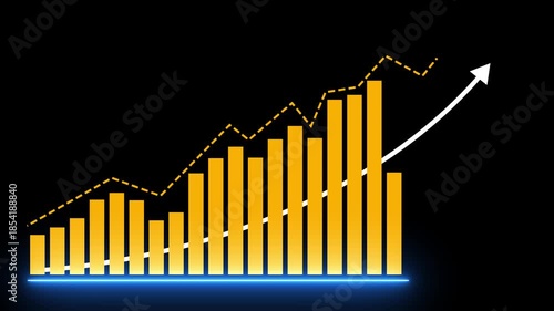 Business Growth and Financial Success Chart Animation with Rising Arrow and Golden Bar Graph on Black Background - 4K