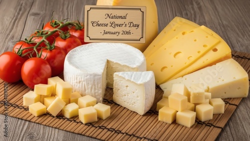 Celebrating national cheese lover's day with assorted cheeses and fresh tomatoes