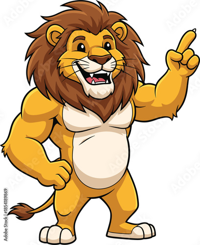 Strong lion mascot vector illustration featuring a happy smiling predator with big muscles for fitness center advertising school team spirit and motivational graphics.