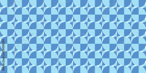 Seamless geometric pattern with blue and white circular shapes, repeating round tile background for textile print, digital wallpaper, modern symmetrical design, surface decoration and backdrop