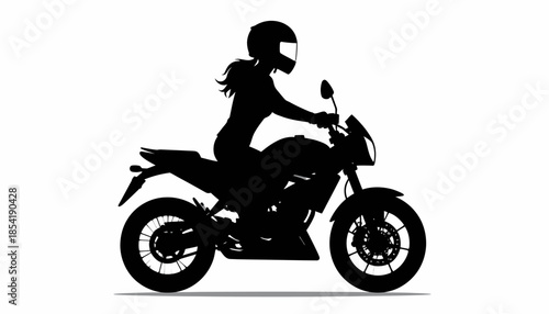 Silhouette of a woman riding a motorcycle with a helmet on white background.