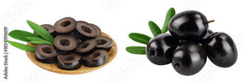 Fotografi Black olive slices in wooden bowl isolated on a white background with full depth of field