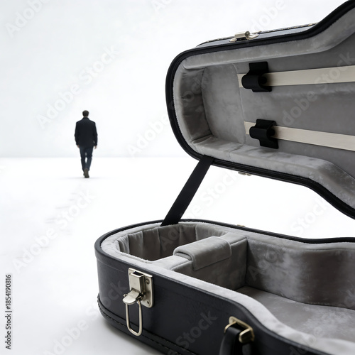 An open, empty violin case rests on a stark white surface as a person in dark clothing walks away, leaving faint footprints behind. The minimalist scene evokes themes of solitude, transition, and the 