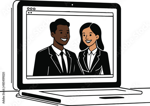 Virtual Connection: A diverse professional duo engages in a digital conference call, their smiling faces reflecting effective remote collaboration and modern communication.