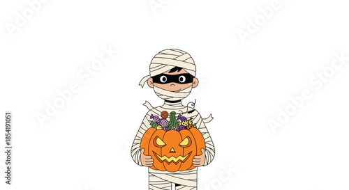 Young boy dressed in a mummy costume for halloween holding a pumpkin bucket filled with candies and treats for celebration.