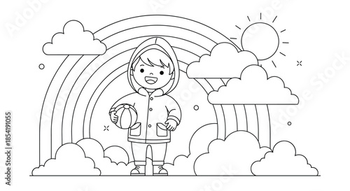 Coloring page featuring a boy in a hooded raincoat holding a beach ball with a rainbow and sun in the background scenery.