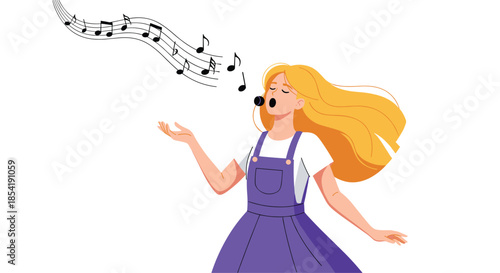 Young girl with long blonde hair singing into a microphone with floating music notes against a white background for kids.