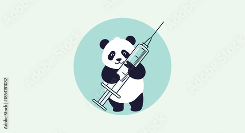 Cute panda character hugging a giant medical syringe against a soft blue circular background for health awareness theme.