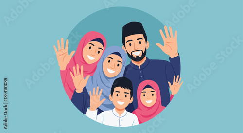 Happy Muslim family of five including parents and children waving cheerfully while framed within a circular blue background design.