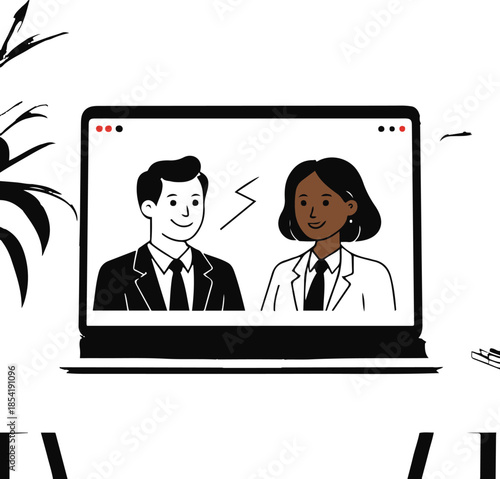 Virtual Interaction: Depicting a modern, remote collaboration scene where a man and a woman engage in a virtual meeting on a laptop, symbolizing digital communication, networking.